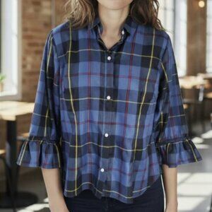 Gretchen Scott Preppy Plaid Button Up Ruffle Sleeve Blouse Size XS